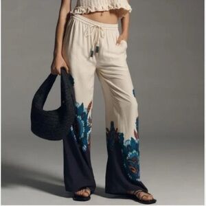 Farm Rio Anthropology Bohemian Cream and Blue Wide-Leg Pants Size Small NWT